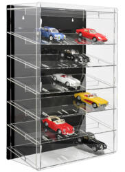 Rosa Modellautó vitrin, polc bemutató szekrény átlátszó akril 1: 24 méretarányú modellekhez döntött polcokkal fekete hátlappal