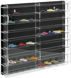 Rosa Modellautó vitrin, polc bemutató szekrény átlátszó akril 1: 87 méretarányú modellekhez 50x7x46 cm fekete hátlappal
