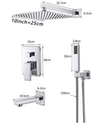 Dusche Fali zuhanyszett falba építhető falsík alatti csaptelep inox esőztetős zuhanyfej 25 cm, kézi zuhanyfejjel, fix kádtöltő csapteleppel