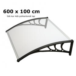 Silver Wing Előtető 600x100 cm fekete keret színtelen üregkamrás polikarbonát tetőlap B típusú karral például bejárati ajtó vagy ablakok fölé