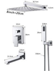 Dusche Fali zuhanyszett falba építhető csaptelep inox esőztetős zuhanyfej 20-40 cm, kézi zuhanyfejjel, forgatható kádtöltő csapteleppel