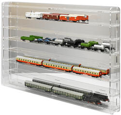 Rosa Modellvasút vitrin, polc bemutató szekrény átlátszó akril TT méretarányú modellekhez átlátszó hátlappal
