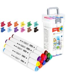 Deli Color Emotion rajzoló markerek, dupla hegy 1mm/7mm, műanyag doboz, 12 db/készlet (DLE70803-12)