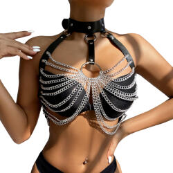 SuperLove Leather Chest Harness with Big Ring Chains Black