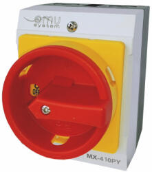 OMU system MX-410PY 4 pólusú 10A tokozott ipari tűzvédelmi ki-be kapcsoló 4x10A IP65 lakatolható (MX-410PY)