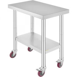 VEVOR Inox ipari konyhaasztal kerekekkel 76x46x86 cm 150 kg teherbírású nagykonyhai rozsdamentes bútor munkaasztal (00132442)
