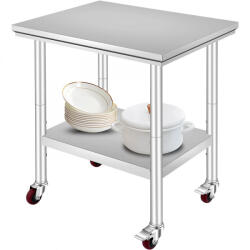 Royal Catering Inox ipari konyhaasztal kerekekkel 76x60x81 cm 130 kg teherbírású nagykonyhai rozsdamentes bútor munkaasztal