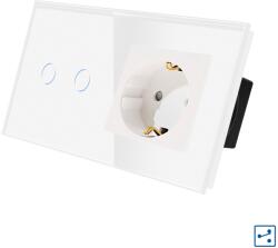 Luxion Intrerupator Dublu Cap Scara / Cruce + Priza cu Rama din Sticla LUXION, Serie A SmartElectro IntelligentHouse (LX-MT-A202/MP010-W)