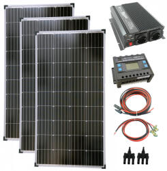 NEW ENERGY Teljes szett 12V 3x140W napelem monokristályos 1500W átalakító töltésvezérlő fotovoltaikus szigetrendszer (NAPELEM_S_12V_3x140W_MONO_SZETT)