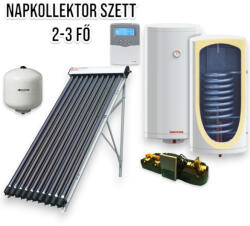 Napcsap 2-3 fő részére vákuumcsöves szett HMV készítés: 10 vákuumcsöves kollektor + 120 literes hőcserélős bojler + szivattyú állomás + vezérlés + tágulási tartály (SZETT_2-3_10VCS_120_SUN)