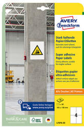 Avery-Zweckform címkék 105mm x 148mm, A4, fehér, 4 címke, magas öntapadó képességű, 20 darabos csomag, L7876-20, lézer- és atram-alapú címkékhez