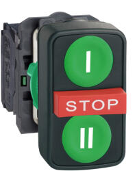 Schneider Electric Harmony XB5 - XB5AA731327 - komplett műanyag kettősfejű nyomógomb, Ø22, visszatérő, 2NO+1NC, 2 zöld " I" /" II" + 1 piros kiálló STOP gomb (XB5AA731327)