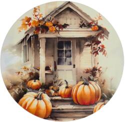  Nyomtatott fa tábla koszorú közép - Fehér-narancs tök házzal 14, 8cm