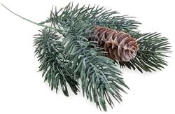  Mű csillámos ezüstfenyő szál tobozzal, zöld. Mérete: 32 cm