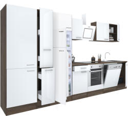 Leziter Mobilă de bucătărie Yorki 370, corp din stejar Yorki, față alb satinat cu element cuptor inferior, dulap cu rafturi și frigider cu congelator superior (L370YFH-SUT-PSZ-FF)