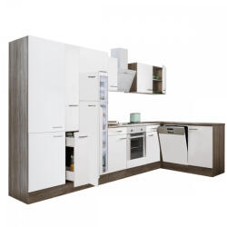 Leziter Mobilă de bucătărie de colț Yorki 370, corp din stejar Yorki, front alb satinat cu element cuptor inferior, dulap cu rafturi, frigider congelator superior (LS370YFH-SUT-PSZ-FF)