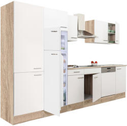 Leziter Mobilă de bucătărie Yorki 340 cu corp din stejar sonoma, față albă satinată, dulap cu rafturi și frigider cu congelator superior (L340STFH-PSZ-FF)