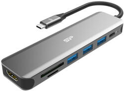 Silicon Power USB HUB - Type-C 7in1 HUB (1db HDMI, 1db MicroSD, SD kártya, 3db USB3.0, 1db Type-C ) Fekete (PERUSBSPU3C07DOCSU200G)