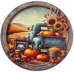 Nyomtatott fa tábla koszorú közép - Őszi táj kék teherautóval 14, 8cm - koszorú díszítéséhez