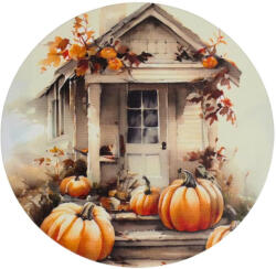  Nyomtatott fa tábla koszorú közép - Fehér-narancs tök házzal 14, 8cm - koszorú díszítéséhez