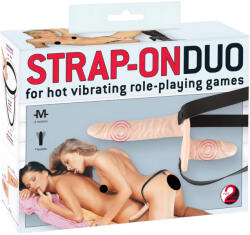 You2Toys Strap-On Duo (culoarea pielii) - dildo strap-on dublu, vibrator, cu ham