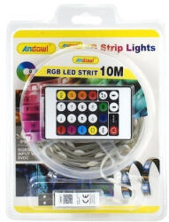 Andowl Rezistent la apă Bandă LED USB 5V RGB Lumină 10m Tip SMD5050 cu Sursă de alimentare & Telecomandă Q-DT75 (Q-DT75)