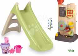 Smoby Set tobogan cu joc de apă și perete de joacă cu activități XS Slide Green Life Smoby lungimea suprafeței de alunecare 90 cm și set de găleată Minnie (SM820629-11)