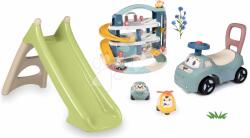 Smoby Set tobogan cu joc de apă și babytaxiu cu premergător XS Slide Green Life Smoby lungimea suprafeței de alunecare 90 cm și garaj cu mașinuță cu elicopter (SM820629-8)