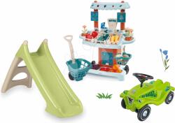 Smoby Set tobogan cu joc de apă și stand de legume cu cărucior XS Slide Green Life Smoby lungimea suprafeței de alunecare 90 cm și babytaxiu Dino cu autocolante (SM820629-10)