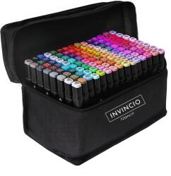 Invincio 120 színű INVINCIO dupla marker készlet, professzionális zsírkréták, élénk alkohol alapú színek, 2 ellenálló hegy, 1 vékony kerek hegy a kontúrokhoz és a részletekhez, 1 széles hegy a töltéshez és vas
