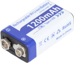 accucell 9V 6F22 6LR61 Li-ion Block akku, 1200mAh + USB-C kábel 1m
