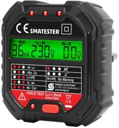Somogyi Elektronic Home SMATESTER konnektor teszter, LED visszajelzők, Voltmérő, L-N, N-E, RCD mA, Fi és RCD relé ellenőrző, elem nélkül működik, max. 250 V~ aljzatokhoz (SMATESTER)