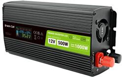 Green Cell Przetwornica napicia PowerInverter LCD 12 V 500W/1000W Przetwornica samochodowa z wywietlaczem - czysty sinus захранващ адаптор и инвертор Автоматичен Черен (INVGC12P500LCD)