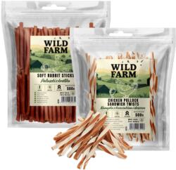 Wild Farm sandviș cu pui și cod 500 g gustare pentru câini + WILD FARM bastonașe de iepure 500 g gustare pentru câini