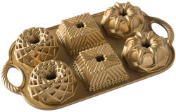 Nordic Ware Sütőforma GEO BUNDLETTE BUNDT, 6 kis mini tortához, különböző formákban, arany színben, Nordic Ware (NW91277)