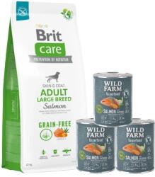 Brit BRIT CARE Dog Grain-free Adult Large Breed Salmon 12kg + WILD FARM Superfood Salmon (Lazac cukkinivel, édesburgonyával és gyógynövényekkel)3x 800g gabonamentes kutyaeledel