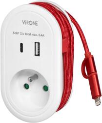 Orno Adapter USB Töltővel és Töltőkábellel C Típusú és Lightning, 1x2P+Z, 2xUSB A+C Típusú, 3, 4A