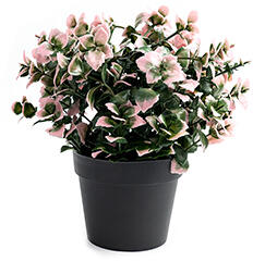 Cserepes művirág rózsaszín virágokkal és zöld levelekkel 22 cm (2011LP)