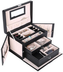 SONGMICS Elegáns Ékszertartó Doboz Tükörrel és Utazótokkal Fekete (EUZ-JBC121B) - prodis