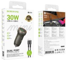 BOROFONE BZ32A, Szivargyújtós töltő, PD 30W QC 3.0 1x USB-A + 1x USB-C + Type-C - Lightning kábel, szürke (GYORS TÖLTÉS)