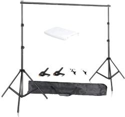  Háttér -támogató rendszerkészlet, 2x3m zöld ruha, teleszkópos háttérállvány, Fehér ruhával, 2, 6 x 3 m