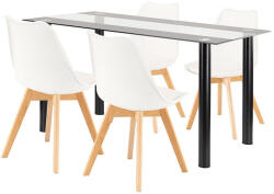 Leziter Zelma Étkezőgarnitúra - 140cm Üveg Asztal + 4 Szék, Fekete/Fehér
