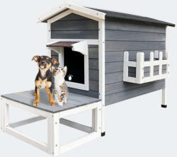 Fudajo Macskaház kutyaház terasszal fenyőfa szürke-fehér 58x73, 6x104, 9 cm 52201 - pepita