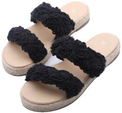  Szandál, horgolt kialakítás, jute platform, Fekete, 41