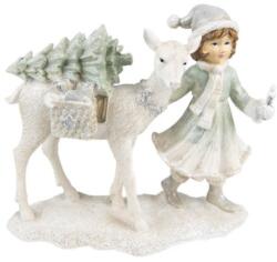 Clayre & Eef Kislány fenyőt cipelő őzikével, műanyag dekorfigura, 22x9x18cm