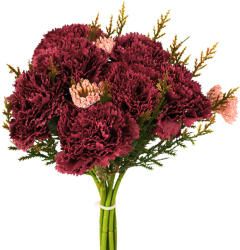  Szegfű selyemvirág csokor, magasság 32cm, csokor átmérő: 15cm, szegfűfej átmérő: 6cm, 7 szálas - Bordó (AF139-03)