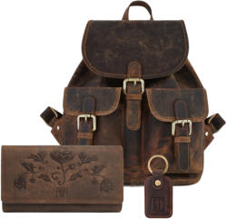 Paolo Peruzzi Női ajándék szett, bőr hátizsák, pénztárca és kulcstartó | Barna