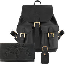 Paolo Peruzzi női ajándék szett bőr hátizsák, pénztárca és kulcstartó | fekete