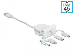 Delock Easy 45 Modulos USB 2.0 3 Az 1-ben Behúzható Kábel, A-típusú USB USB-C, Micro USB és Light