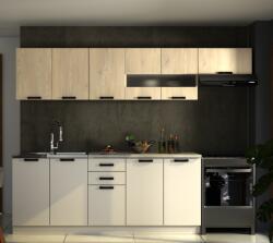 TEMPO KONDELA Konyhabútor, 2, 6 m, cremona tölgy/kasmír/Navona krémszín, MONIA